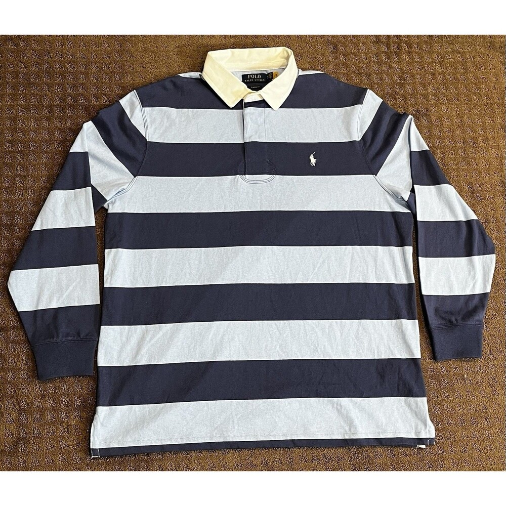 Polo Ralph Lauren Men's Blue/Navy Stripe Classic Fit Rugby Polo Shirt Size XL TG